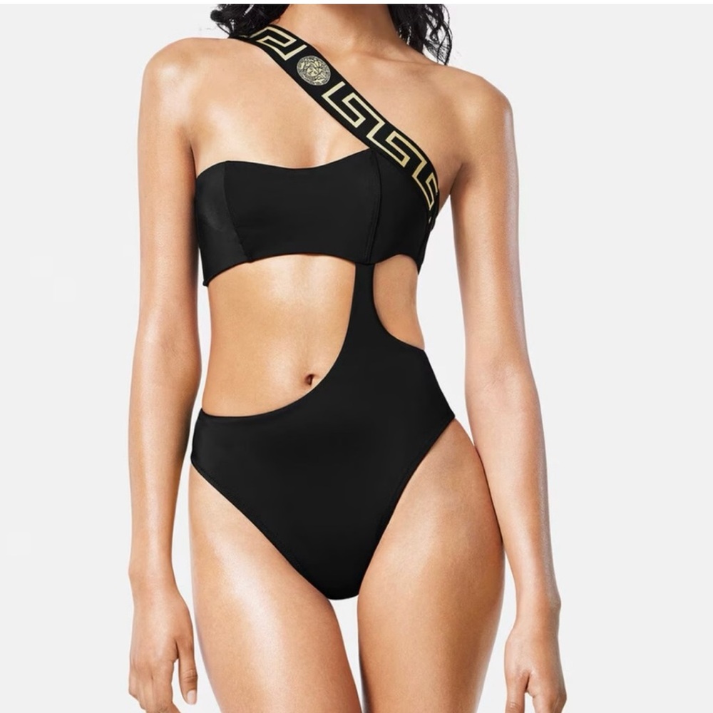 Versace Black One-Shoulder Cutout Swimsuit with Gold Greek Key Strap